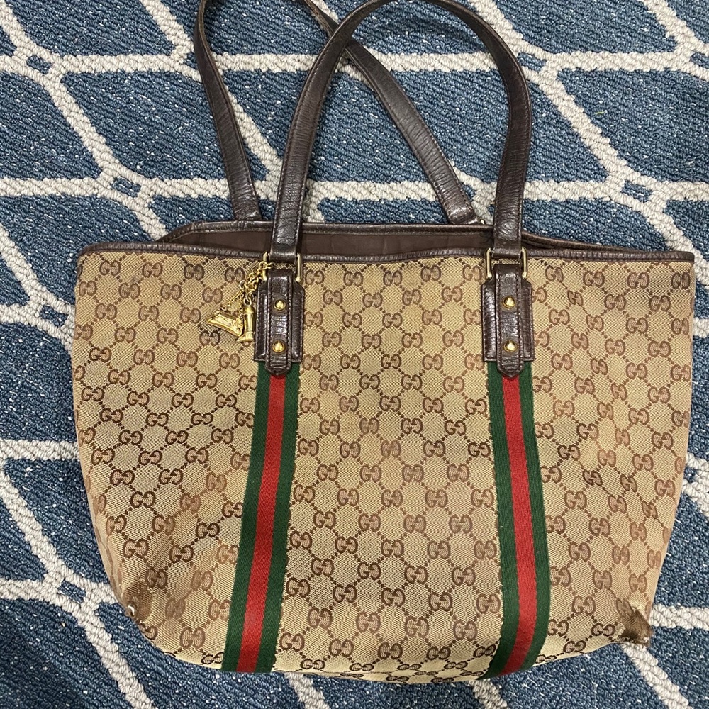 Authentic Gucci Brown Canvas Tote w/ FOB Charms